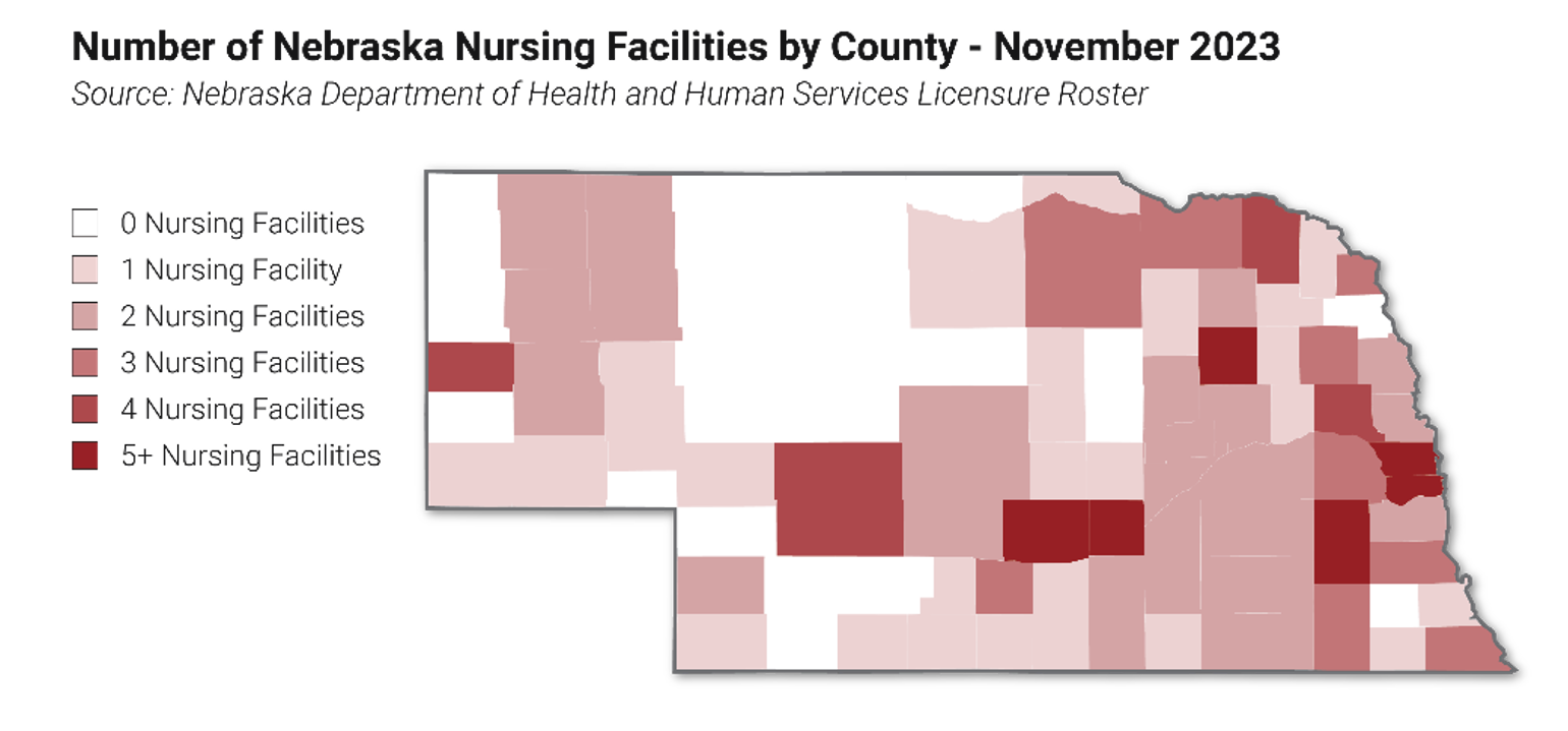 map of Nebraska counties with nursing facility stats.