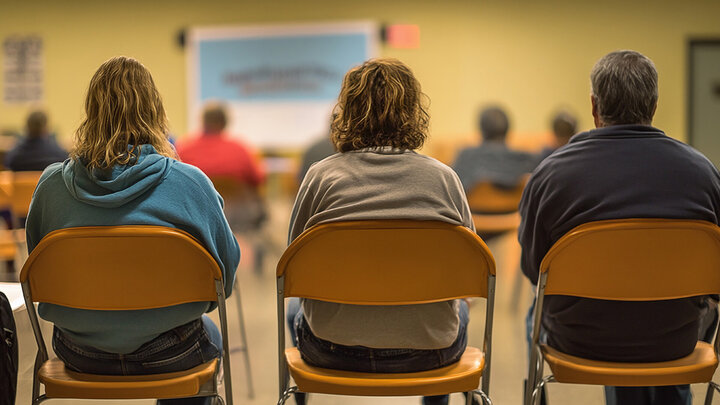 Photo of people sitting in folding chairs at a meeting.