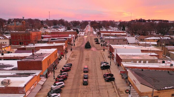 Aerial photo of Main Street in a small town.